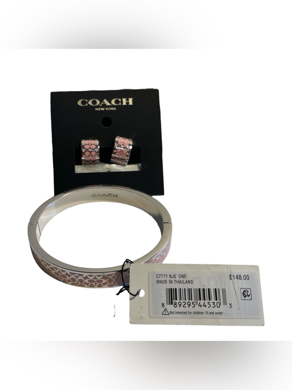 COACH Signature Silver & Pink Enamel Huggie Earrings & Bangle Bracelet Set - NWT